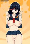 1girl areola black_hair blue_eyes bottomless breasts double_v hourglass_figure kill_la_kill looking_at_viewer matoi_ryuuko multicolored_hair navel nipples no_bra no_panties pussy red_hair school_uniform senketsu shirt shirt_lift skirt skirt_lift standing ttrop uncensored v