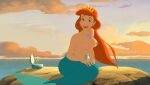 1girl bare_breasts breasts cloud crown disney earrings edit erect_nipples female_focus female_only green_eyes lips lipstick long_orange_hair mermaid milf music_box navel queen_athena rock sea shell_necklace sky smile solo_female sunset the_little_mermaid the_little_mermaid_iii:_ariel's_beginning topless