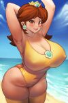 armpits arms_behind_back beach belly_button big_ass big_breasts blush brown_eyes brown_hair crown cute earrings flower gakibaki huge_breasts mario_(series) medium_hair navel nintendo nipple_bulge orange_swimsuit princess_daisy small_waist stockings swimsuit thick_thighs tight_fit voluptuous wide_hips