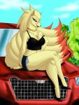 1girl big_thighs calves canine car clothing crossed_legs crovirus cutoffs denim_shorts ear_piercing earring female fox high_heels jewelry kitsune legs lipstick looking_at_viewer milf multiple_tails necklace ninetales piercing pokemon pokã©mon shorts sitting solo tail thighs undressing