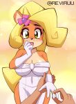  1girl accessory activision anthro anthro_focus artist_name bandicoot big_breasts blonde_hair blush breasts cleavage coco_bandicoot countershade_face countershade_torso countershading crash_(series) crash_bandicoot_(series) dress elbow_gloves female female_focus first_person_view flower flower_in_hair gloves green_eyes hair hair_accessory hair_ornament handwear human light-skinned_male light_skin long_hair male male_pov mammal marsupial multicolored_body multicolored_face multicolored_skin open_mouth orange_body orange_skin pov pov_hands reviruu ring shiny shiny_skin tan_body tan_countershading tan_skin thick_thighs thighs two_tone_body two_tone_face two_tone_skin wedding_dress white_clothing white_elbow_gloves white_gloves white_handwear 