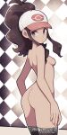 baseball_cap blue_eyes brown_hair creatures_(company) creatures_inc. game_freak hilda_(pokemon) lamb-oic029 looking_at_viewer looking_back looking_to_the_side nintendo nipples no_bra no_panties open_mouth parted_lips pokemon pokemon_(game) pokemon_black_&_white pokemon_bw pokemon_character pokemon_masters sideboob sidelocks sideways_glance small_breasts stockings