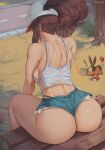  1girl ass back big_ass brown_hair female_protagonist g-string hat hilda_(pokemon) huge_ass long_hair minishorts nintendo pale-skinned_female pale_skin panties_visible_through_clothing pawg poke_ball pokemon pokemon_bw ponytail shexyo shorts sitting tepig thick_thighs thighs thong thong_panties wide_hips 