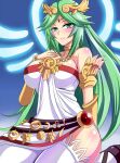 1girl bare_shoulders big_breasts blush breasts cleavage curvy female_focus goddess green_eyes green_hair hair_ornament jewelry kid_icarus kid_icarus_uprising long_hair looking_at_viewer matching_hair/eyes nintendo nishida_megane palutena sitting smile stockings very_long_hair white_legwear wide_hips