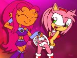 alien amy_rose ass closed_eyes crossover green_eyes pink_hair rayryan rayryan_(artist) sega smile sonic_*(series) sonic_the_hedgehog_(series) starfire teen_titans underwear white_panties