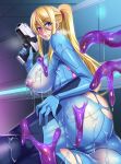 1girl 1girl areola beauty_mark big_breasts blonde_hair blue_eyes blush breasts cameltoe from_behind gun heavy_breathing long_hair looking_back metroid nintendo nipples nishida_megane ponytail rape samus_aran slave slime sweat tentacle tied_hair torn_clothes weapon zero_suit