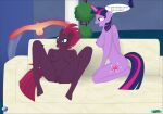  2_girls alicorn alicorn_princess anthro broken_horn dialogue dildo double_dildo fab3716 fizzlepop_berrytwist_(mlp) lesbian_sex masturbation my_little_pony pussy tempest_shadow tempest_shadow_(mlp) twilight_princess twilight_sparkle_(mlp) unicorn 