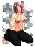 1girl alisa_bosconovitch alluring big_breasts bikini bikini_top blush breasts cleavage curly_hair curvy female_abs female_focus full_body green_eyes hair_ornament jadenkaiba looking_at_viewer namco one_eye_closed pants parted_lips pink_hair sitting smile striped striped_bikini swimsuit tekken tekken_tag_tournament_2 thong_bikini unbuttoned wide_hips wink