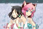 2_girls 3:2_aspect_ratio animal_ears barrette black_hair blue_eyes blush brown_hair cat_ears closed_eyes dress duo female female_only happy headphones hoshine_stella long_hair multicolored_hair multiple_girls open_mouth pink_hair potential_duplicate short_hair smile teeth utau utaune_nami vocaloid white_dress