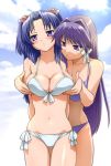  2_girls 2girls :&lt; anime arms_behind_back art bikini blue_eyes blue_hair blush breast_envy breast_grab breast_lift breasts clannad cleavage commentary_request day female front-tie_top fujibayashi_kyou grabbing grabbing_from_behind hair_bobbles hair_intakes hair_ornament ichinose_kotomi large_breasts long_hair looking_at_breasts looking_away lowleg lowleg_bikini medium_breasts multiple_girls navel purple_bikini purple_eyes purple_hair side-tie_bikini_bottom squeeze standing swimsuit two_side_up ueyama_michirou white_bikini yuri 