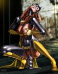  1girl barbara_gordon batgirl batman_(series) crotchless dildo_in_vagina dildo_sitting female_only huge_breasts long_hair mr._jer pussy pussy_juice pussy_juice_drip red_hair solo_female squatting torn_leggings 