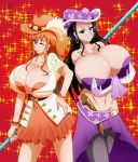 big_breasts black_hair blue_eyes breasts brown_eyes cleavage nami nico_robin one_piece orange_hair oxdaman smile tongue wink