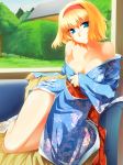 1girl alice_margatroid aqua_eyes art bare_legs bare_shoulders blonde_hair blue_eyes blush breasts bush bushes cleavage couch duplicate female floral_print grass hair_ribbon hinohoshi_ataru japanese_clothes kimono looking_at_viewer red_ribbon ribbon short_hair sitting solo touhou tree window yukata