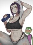 1girl after_workout alternate_breast_size armpit beast_boy big_breasts big_breasts blush breasts curvaceous curvy curvy_body curvy_female curvy_figure dc_comics elijahzx green_body grey_body huge_breasts looking_at_viewer purple_hair raven_(dc) short_hair sweatdrop sweating teen_titans venus_body voluptuous