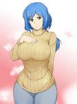 1girl bakemonogatari1 blue_hair breast_suppress breasts covered_nipples curvy denim erect_nipples green_eyes gundam gundam_build_fighters highres huge_breasts iori_rinko jeans long_hair looking_at_viewer maki_ikazuya milf pants ponytail revision ribbed_sweater rinko_iori scrunchie smile solo sweater wide_hips