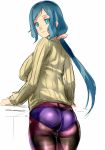  1girl blue_hair crotch_seam dodai_shouji gundam gundam_build_fighters highres iori_rinko long_hair milf panties panties_under_pantyhose pantyhose ponytail purple_panties ribbed_sweater rinko_iori simple_background solo sweater thighband_pantyhose turtleneck underwear white_background 