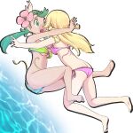 1girl 2_girls bikini blonde_hair falling female_only green_hair human lillie_(pokemon) mallow_(pokemon) microsd_(artist) nintendo ocean pokemon pokemon_sm thick_thighs wardrobe_malfunction water yuri