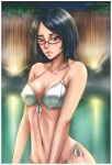 1girl abs alluring asian asian_female bikini bikini_bottom bikini_top black_hair blush bob_cut boruto:_naruto_next_generations cleavage erect_nipples erect_nipples_under_clothes female_abs female_focus female_only g-string glasses half-closed_eyes hot_spring lamiaverbena light-skinned_female light_skin medium_breasts medium_hair narrowed_eyes naruto naruto_(series) nipple_bulge outside perky_breasts pinup sarada_uchiha shoulder_length_hair shounen_jump solo_female solo_focus striped_panties swimsuit teen thick_thighs thighs thong toned_female voluptuous wet white_bikini white_swimsuit white_thong wide_hips