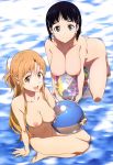 2girls arm_support asuna_(sao) ball bare_legs barefoot beachball bent_knees big_breasts black_hair blue_eyes breasts brown_eyes brown_hair clavicle feet hair hair_ornament hairclip half_updo hanging_breasts high_resolution kirigaya_suguha kneel legs light_brown_hair long_hair looking_at_viewer medium_breasts midriff multiple_girls navel nipples nude nude_filter ocean open_mouth orange_eyes orange_hair outside photoshop short_hair sidelocks sitting smile sword_art_online thighs tied_hair very_high_resolution wariza water yuuki_asuna