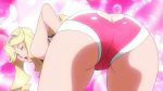  1girl ass ass_cutout bent_over bikini_top blonde_hair boobies_uniform butt_crack cameltoe female from_behind hair hair_ornament hairband heart heart_cutout honey_(space_dandy) legs lipstick long_hair looking_back makeup red_eyes short_shorts shorts solo space_dandy wink 