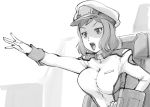 1girl bouncing_breasts breasts female gundam gundam_build_fighters gundam_seed hat iori_rinko large_breasts long_hair military military_uniform mitsuishi_kotono monochrome murrue_ramius murrue_ramius_(cosplay) open_mouth outstretched_arm peaked_cap rough seiyuu_connection shouting sketch solo ueyama_michirou uniform