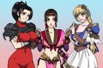 3_girls alluring big_breasts black_hair blonde_hair braid braided_ponytail breasts brown_eyes brown_hair cleavage green_eyes hair_ribbon kunoichi long_hair midriff multiple_girls navel open_mouth ponytail project_soul ribbon seong_mi-na skirt sophitia_alexandra soul_calibur soul_calibur_ii soul_calibur_iii soul_calibur_vi soulcalibur taki taki_(soulcalibur) voluptuous