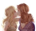 2girls arm arms art blonde blonde_hair breasts brown_hair brunette camisole cleavage closed_eyes dress female hair hanukara head_grab head_pull kiss kissing long_hair love multiple_girls mutual_yuri simple_background tank_top upper_body white_background yuri