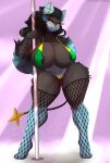 1girl anthro big_ass big_breasts bikini feline fishnets luxray pokemon pole_dancing skylosminkan sling_bikini stripper_pole voluptuous