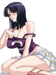  1girl black_hair blush cosplay female kagami kagami_hirotaka long_hair looking_at_viewer nami_(cosplay) nami_(one_piece) nami_(one_piece)_(cosplay) nico_robin one_piece parted_lips shirt_pull simple_background sitting skirt solo strap_slip thighs white_background yellow_eyes 