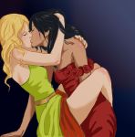 2girls arm arm_support arms art artist_request babe bare_legs bare_shoulders belt between_legs black_hair blonde blonde_hair blush closed_eyes dark_skin dress female green_dress hair hand_on_another's_shoulder hand_on_head hand_on_shoulder head_grab hug hugging interracial kiss kissing leg_hug leg_lock legs long_hair love multiple_girls red_dress strapless strapless_dress yuri