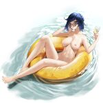 1:1_aspect_ratio 1girl 1girl back bare_arms bare_back bare_legs bare_shoulders barefoot big_breasts blue_hair breasts completely_nude crossed_legs cup day drinking_glass feet genshin_impact high_resolution holding holding_cup hs_(user_hvww8443) innertube large_filesize legs looking_over_eyewear megane navel nipples nude short_hair sunglasses very_high_resolution water wet yelan_(genshin_impact)