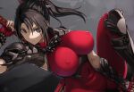  1girl alluring armor bangs big_breasts black_hair bodysuit breasts brown_eyes covered_erect_nipples covered_navel female_abs fingerless_gloves gloves hair_between_eyes holding holding_sword holding_weapon katana kunoichi leg_lift long_hair looking_at_viewer nakenashi parted_lips pauldrons ponytail red_gloves shin_guards shoulder_armor sidelocks soul_calibur soul_calibur_ii soul_calibur_iii soulcalibur_ii soulcalibur_iii sword taki taki_(soulcalibur) tea_(nakenashi) thighs voluptuous weapon 