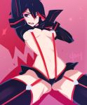 1girl artist_name belly big_breasts black_hair black_panties blue_eyes breasts doxy elbow_gloves garter_straps gloves hair kill_la_kill matoi_ryuuko microskirt midriff multicolored_hair navel panties red_hair revealing_clothes senketsu skirt slender_waist solo suspenders thighhighs two-tone_hair underboob underwear