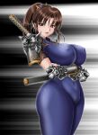 1041_(toshikazu) 1girl alluring armor big_breasts bodysuit breasts brown_eyes brown_hair covered_erect_nipples kunoichi long_hair looking_at_viewer ninja no_mask ponytail skin_tight soul_calibur soul_calibur_ii soul_calibur_iii soulcalibur_iii standing taki taki_(soulcalibur) voluptuous