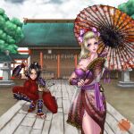 2_girls alluring big_breasts blonde_hair blue_eyes bodysuit breasts brown_eyes brown_hair cleavage eyeshadow female_focus hair_ornament japanese_clothes kneel kunoichi long_hair looking_at_viewer makeup multiple_girls nature ninja outside parasol plant rain setsuka skin_tight sky soul_calibur soulcalibur taki taki_(soulcalibur) tattoo umbrella voluptuous xuexue_yue_hua