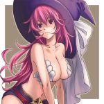 >:| 1_girl 1girl arm arms art bare_shoulders belt big_breasts big_hat breasts cleavage collarbone daikenja_magiko female hat large_breasts leaning leaning_forward long_hair looking_at_viewer magiko_magika midriff navel neck pink_hair purple_eyes red_eyes serious shinrabanshou short_shorts shorts solo tatsuyoshi witch_hat