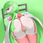 1girl animal anus ass bed big_breasts blanket blurry blush breasts butt cameltoe chest_jewel clothing creatures_(company) depth_of_field dress eyebrows fairy_type_pokemon female furry game_freak gardevoir garter_straps gen_3_pokemon green_hair hair hair_over_one_eye hands legwear looking_at_viewer looking_back nintendo no_mouth panties pillow pixiv_id_3389952 pixiv_manga_sample pointy_ears pokemon pokemon_(anime) pokemon_(creature) pokemon_(game) pokemon_(species) pokemon_firered_and_leafgreen pokemon_frlg pokemon_omega_ruby_&_alpha_sapphire pokemon_oras porkyman presenting psychic_type_pokemon pussy red_eyes sa-najin short_hair simight solo thighhighs thong underwear white_skin