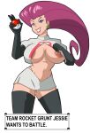 1girl big_breasts blue_eyes boots breasts clothed_female elbow_gloves exposed_nipples female_focus female_only gloves high_res huge_breasts humans_of_pokemon jessie_(pokemon) long_hair looking_at_viewer lordstevie mature mature_female midriff musashi_(pokemon) nintendo nipples pale-skinned_female pokemon pokemon_(anime) purple_hair short_skirt skirt smile solo_female solo_focus stockings team_rocket thigh_high_boots thighs video_game_character video_game_franchise wide_hips