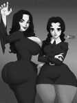 1girl 2_girls addams_family ass big_ass big_breasts black_hair breasts cheekbones cleavage crossed_arms curvaceous curvy curvy_figure daughter dress dummy_thick eye_contact female_only greyscale huge_ass huge_breasts jay-marvel large_ass looking_at_viewer milf monochrome morticia_addams mother_&_daughter pantyhose seductive sideboob standing the_addams_family thick_thighs tight_clothing voluptuous wednesday_addams wide_hips