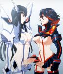 2girls bar_censor black_hair blue_eyes blush breasts censored cleavage cleavage_cutout elbow_gloves erection female futa_with_futa futanari gloves horns ikeshita_moyuko junketsu kill_la_kill kiryuuin_satsuki large_penis long_hair matoi_ryuuko microskirt multicolored_hair multiple_girls multiple_penises navel penis penises_touching red_eyes revealing_clothes senketsu short_hair skirt suspenders sweatdrop thighhighs two-tone_hair underboob