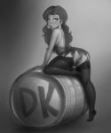 1girl ass barrel donkey_kong_(game) donkey_kong_(series) dress earrings eyelashes eyeshadow garter_straps highres jewelry legoman lips lm_(legoman) long_hair looking_back makeup mario_(series) monochrome nintendo no_panties pauline puckered_lips pussy short_dress solo super_mario_bros. thighhighs tiptoes uncensored