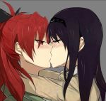 2girls akemi_homura arms_around_neck art artist_request black_hair blush eye_contact female grey_background hairband half-closed_eyes hoodie hugging kiss kissing long_hair long_sleeves looking_at_another love mahou_shoujo_madoka_magica multiple_girls ponytail purple_eyes red_eyes red_hair sakura_kyouko school_uniform simple_background yuri