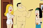  american_dad bottomless_female breasts chainmale completely_nude_male francine_smith hayley_smith nude shirt_only small_penis stan_smith tan_line topless_(female) 