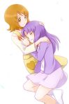 2girls art brown_eyes brown_hair closed_eyes comforting female hair happinesscharge_precure! hikawa_iona hug hugging long_hair minu multiple_girls oomori_yuuko overalls precure purple_hair purple_skirt short_hair skirt smile socks tears white_background yuri