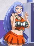 1girl 2022 artist_name big_breasts blue_eyes blue_hair blush breasts cheerleader cheerleader_uniform choker clothed_female female_focus female_only high_res high_resolution light-skinned_female light_skin long_hair looking_at_viewer miniskirt my_hero_academia nejire_hado open_mouth panties patreon patreon_paid patreon_reward sano-br shounen_jump skirt solo_female solo_focus standing teen text u.a._school_uniform watermark