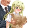  blonde_hair breast_grab breast_groping breasts female formal grabbing groping_from_behind massive_breasts original suit tooi_(takun) ugly_man white_background 