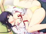 1boy 1girl black_hair blush bow bow_panties breasts brown_eyes female game_cg iizuki_tasuku izumi_wakoto japanese_clothes large_breasts long_hair lovely_x_cation_2 navel nipples open_clothes open_mouth open_shirt panties parted_lips ribbon-trimmed_sleeves ribbon_trim smile spread_legs underwear wide_sleeves yellow_panties