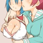 2girls blue_hair blush breasts cleavage female head_out_of_frame large_breasts lowres mahou_shoujo_madoka_magica miki_sayaka multiple_girls red_hair sakura_kyouko school_uniform shinama short_hair smile undressing yuri