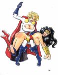  2girls big_breasts boob_window breasts dc keyhole nipples nipples_visible_through_clothing poopoopie power_girl spank spanked spanking wonder_woman 