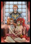  1boy 1girl 2_girls big_breasts blush breasts cardin_winchester caska_(881931) female_pubic_hair hetero male multiple_girls nora_valkyrie oral pubic_hair pussy pyrrha_nikos rwby 